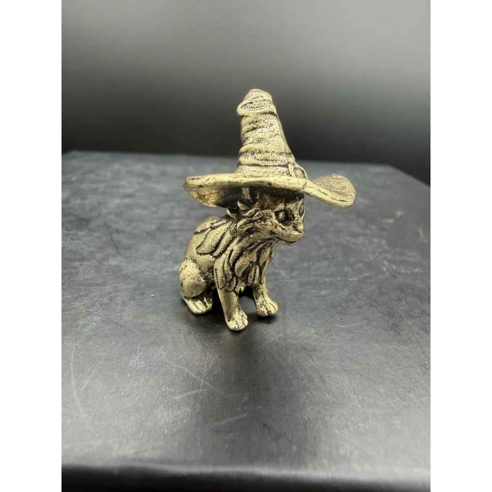 🐈⬛🎩 Mini Brass Cat With Witches Hat Figurine Halloween Collectible ✨🐾